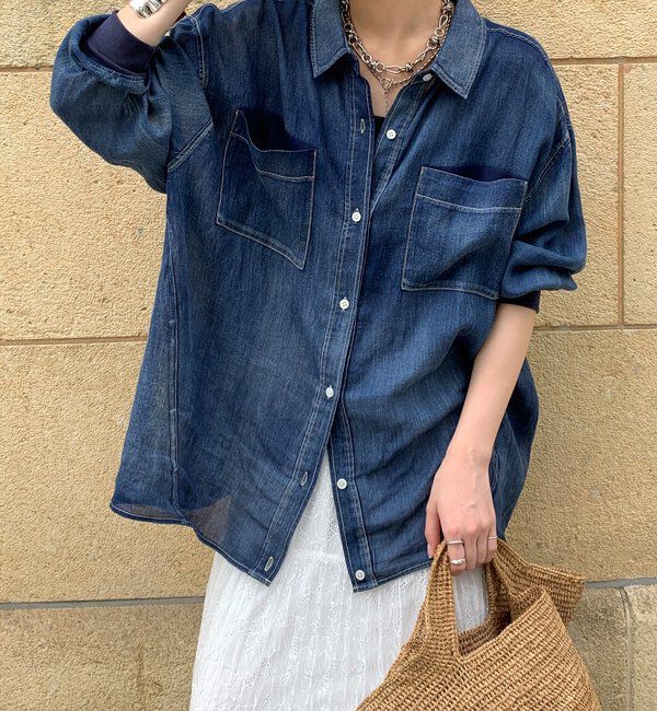  「袖リブシアーデニムシャツ」|シャツ・ブラウス|ブルー