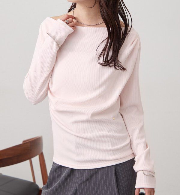  「チャーム付きオフショルリブロングTシャツ」|Tシャツ・カットソー|ピンク