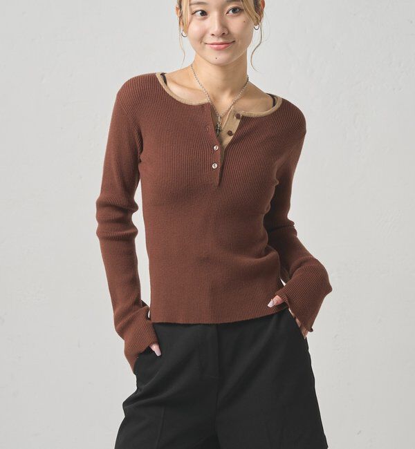  「RINGER HENLEY NECK KNIT」|ニット・セーター|ブラウン