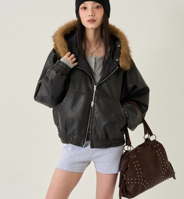  「【2way/ファー取り外し可能】ヴィンテージライクレザーファーフードブルゾン」|ブルゾン・スタジャン|