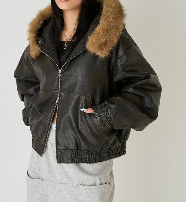  「【2way/ファー取り外し可能】ヴィンテージライクレザーファーフードブルゾン」|ブルゾン・スタジャン|