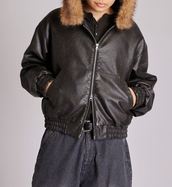  「【2way/ファー取り外し可能】ヴィンテージライクレザーファーフードブルゾン」|ブルゾン・スタジャン|