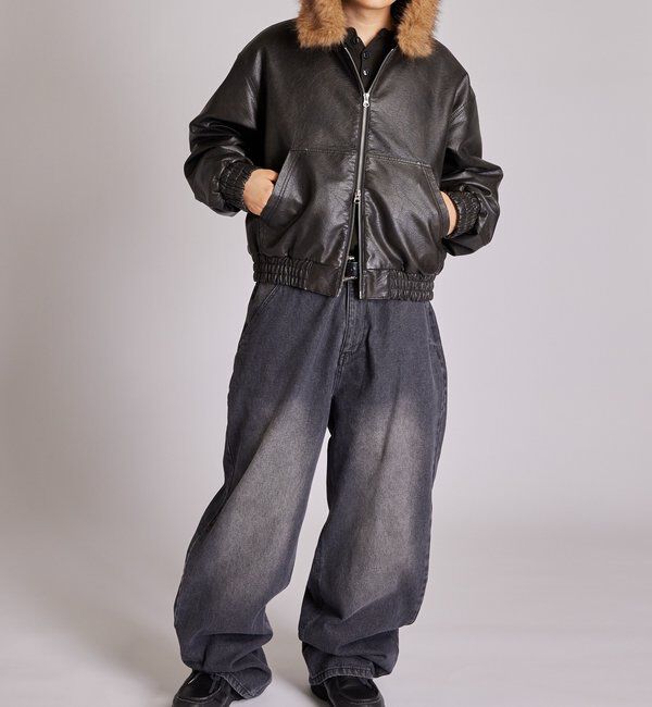  「【2way/ファー取り外し可能】ヴィンテージライクレザーファーフードブルゾン」|ブルゾン・スタジャン|