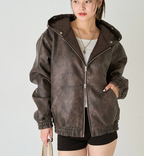  「【2way/ファー取り外し可能】ヴィンテージライクレザーファーフードブルゾン」|ブルゾン・スタジャン|