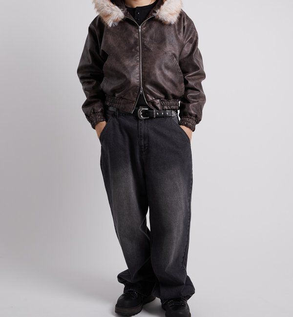  「【2way/ファー取り外し可能】ヴィンテージライクレザーファーフードブルゾン」|ブルゾン・スタジャン|