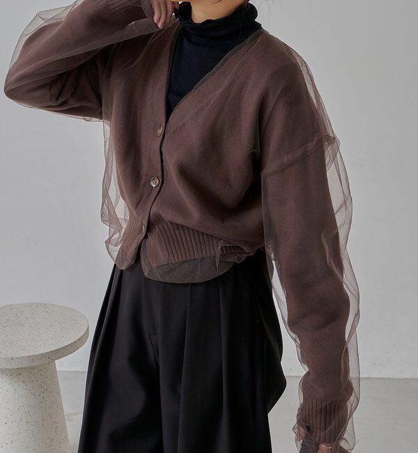  「【1枚で着映え】チュールレイヤードカーディガン」|カーディガン|ブラウン