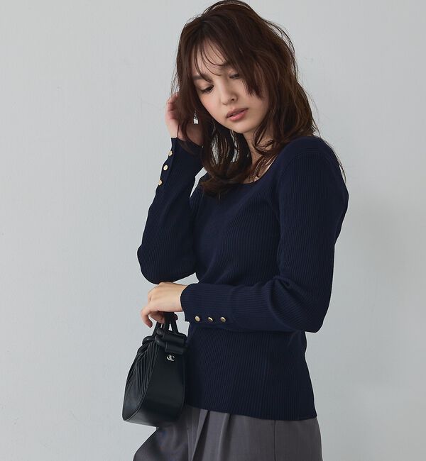abahouse mavie「【袖ボタン】スクエアネックリブニット/きれいめ/セミオケ/通勤/春服【予約】」|ニット・セーター|