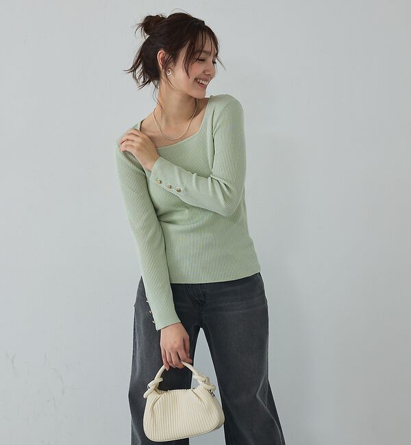 abahouse mavie「【袖ボタン】スクエアネックリブニット/きれいめ/セミオケ/通勤/春服【予約】」|ニット・セーター|