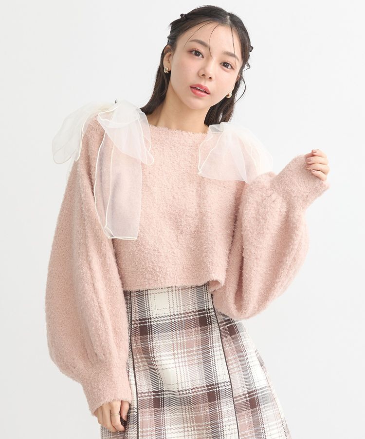 earth music&ecology「チュール肩リボンニットプルオーバー」|ニット・セーター|Pink Beige