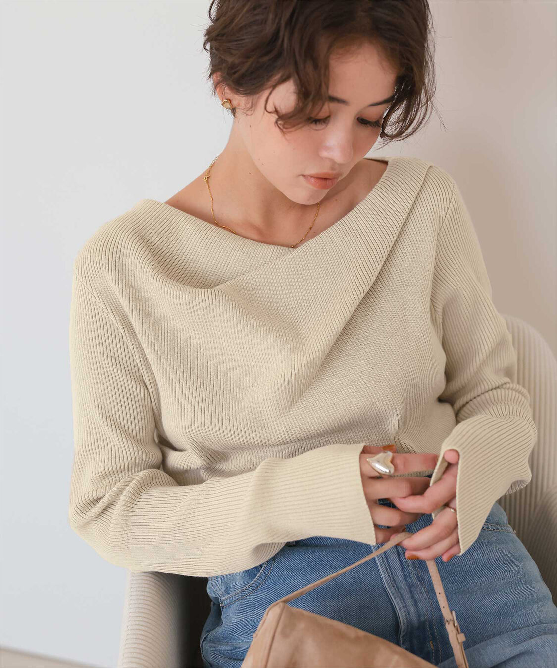 titivate「オフショルダーリブニットトップス」|ニット・セーター|ライトベージュ