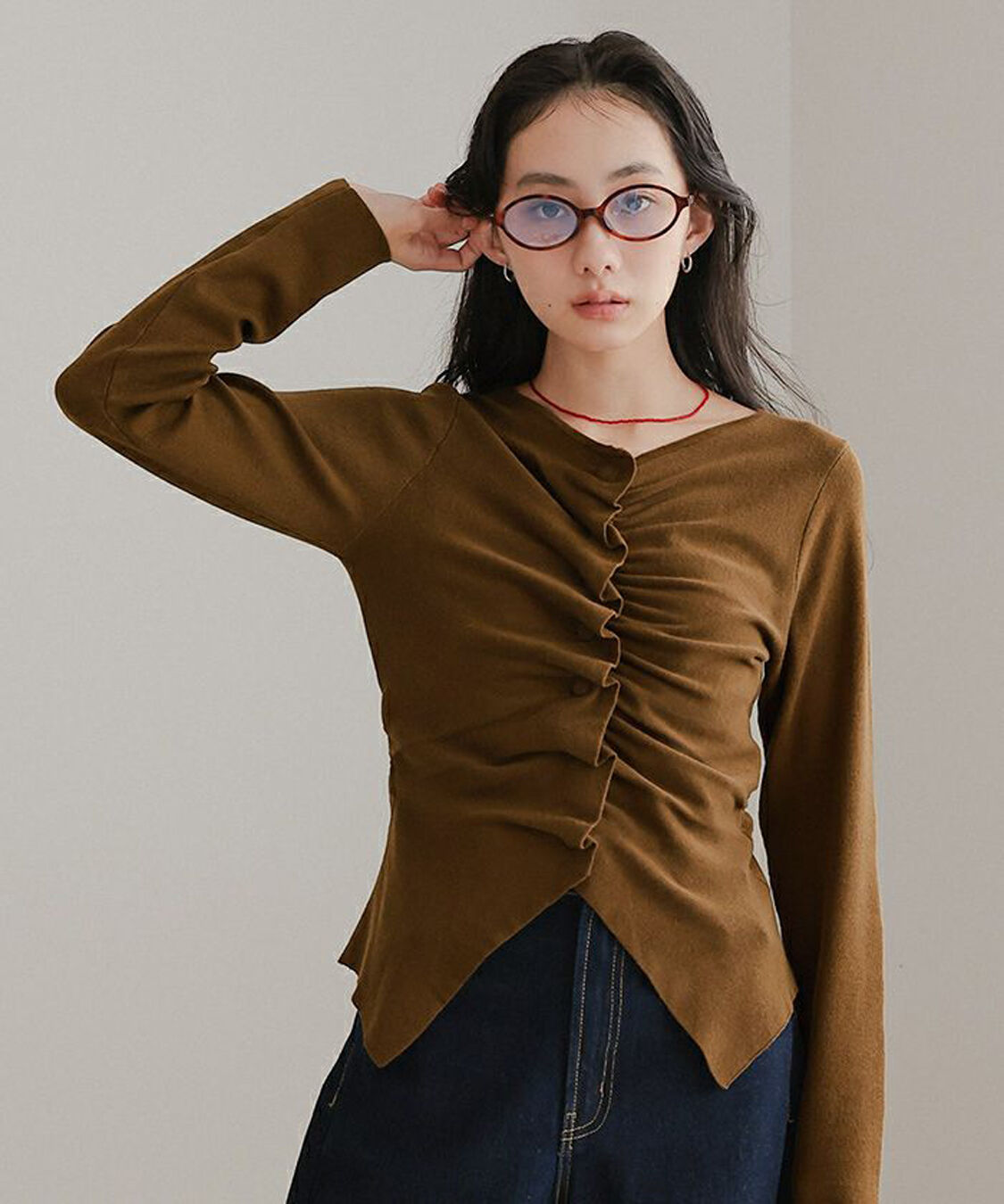 miette「フロントギャザーボタンニット」|ニット・セーター|ブラウン