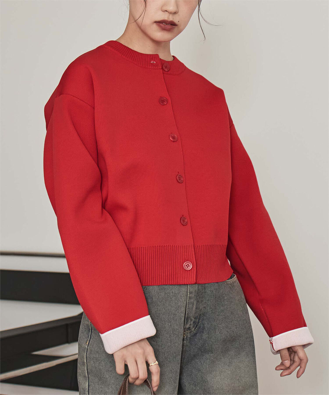 miette「バイカラーデザインニットカーディガン」|カーディガン|レッド