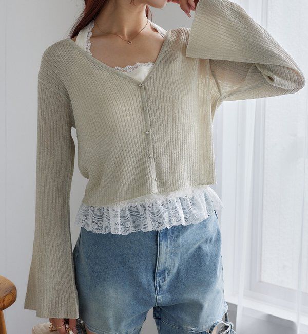  「ビジュー釦ラメシアーカーデ」|ニット・セーター|