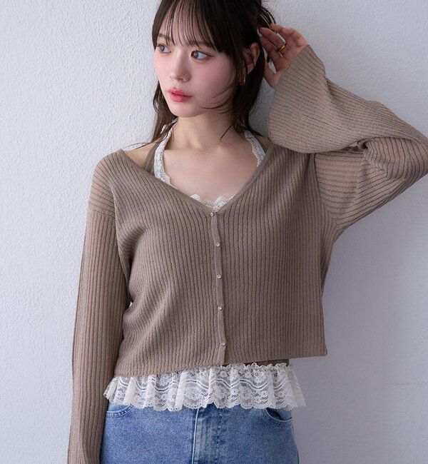  「ビジュー釦ラメシアーカーデ」|ニット・セーター|モカ