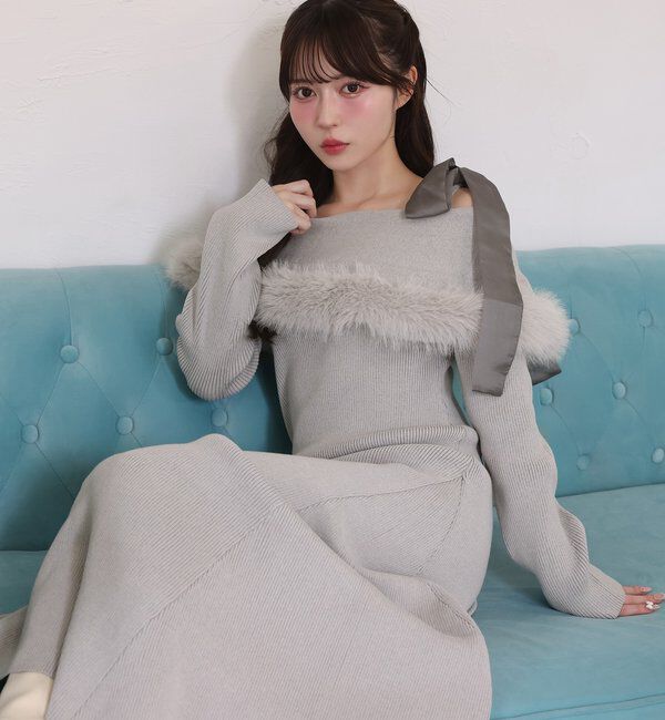  「リボン取り外し可能オフショルファーニットワンピース」|ワンピース|