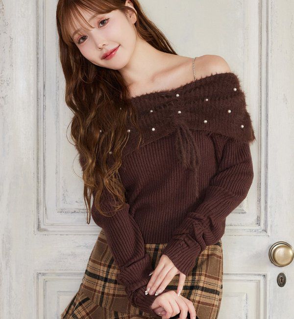  「パール&times;ビジューオフショルニット」|ニット・セーター|