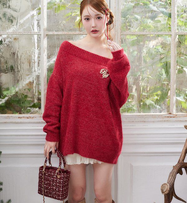  「ブローチ付きベロアモールミニニットワンピース」|ワンピース|