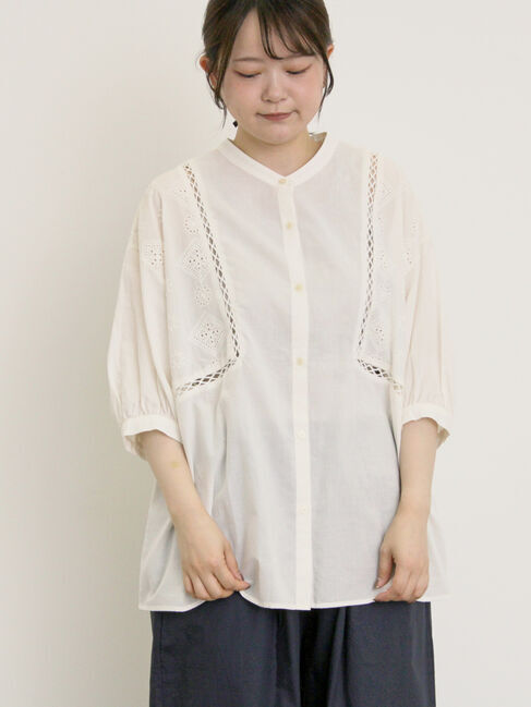 Samansa Mos2「レース切替バンドカラーブラウス」|シャツ・ブラウス|オフホワイト