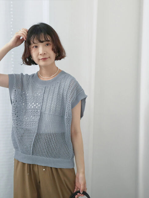 Samansa Mos2 blue「麻タッチパッチワークニットベスト」|ニット・セーター|