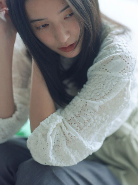 Samansa Mos2 blue「花ジャガード7分袖プルオーバー」|Tシャツ・カットソー|オフホワイト