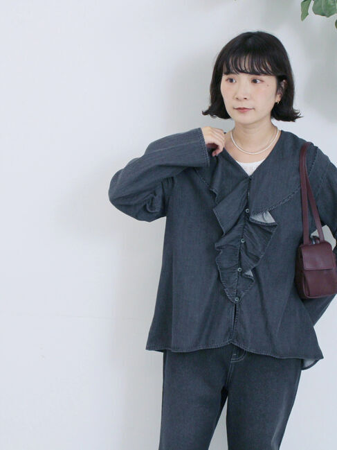 Samansa Mos2 blue「【ECO DENIM 】フリルブラウス」|シャツ・ブラウス|