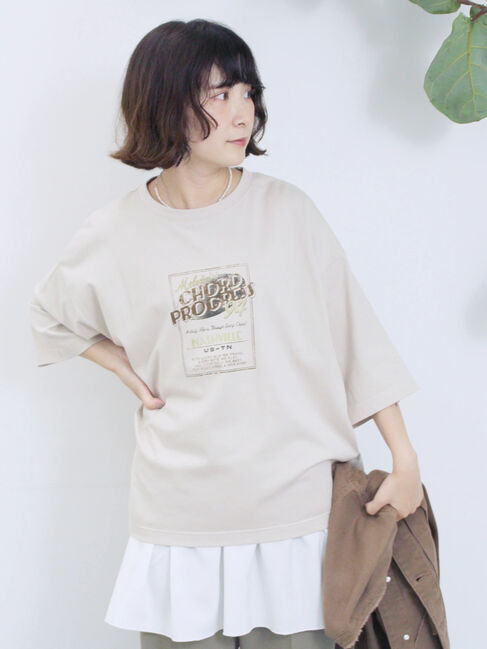 Samansa Mos2 blue「ヴィンテージ風プリントTシャツ」|Tシャツ・カットソー|ライトベージュ