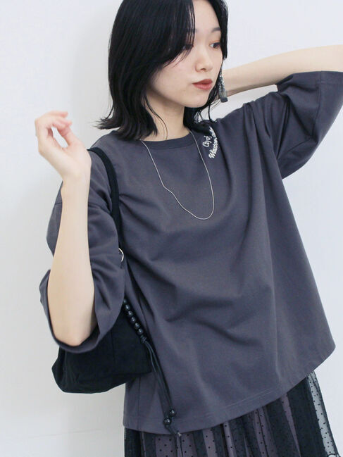 Samansa Mos2 blue「チェーン刺繍7分袖プルオーバー」|Tシャツ・カットソー|