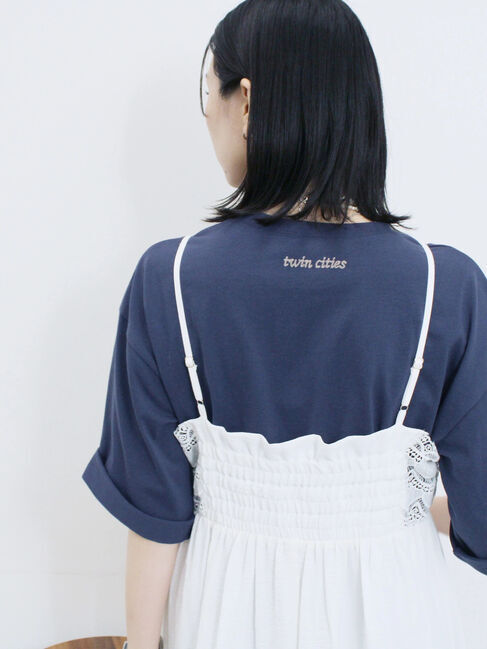 Samansa Mos2 blue「チェーン刺繍7分袖プルオーバー」|Tシャツ・カットソー|