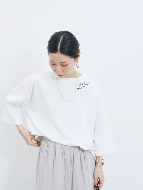 Samansa Mos2 blue「チェーン刺繍7分袖プルオーバー」|Tシャツ・カットソー|