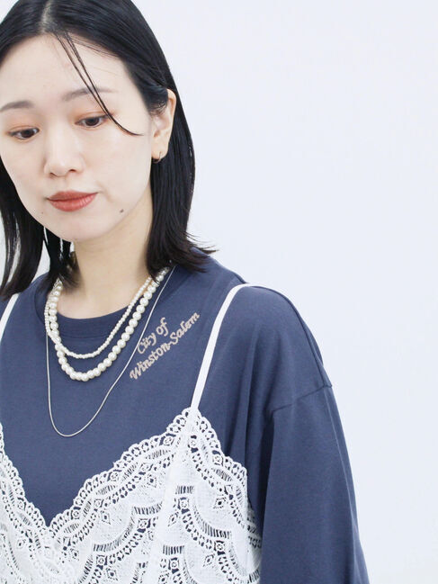 Samansa Mos2 blue「チェーン刺繍7分袖プルオーバー」|Tシャツ・カットソー|