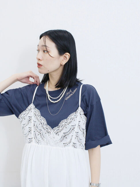 Samansa Mos2 blue「チェーン刺繍7分袖プルオーバー」|Tシャツ・カットソー|