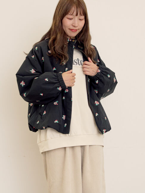 Samansa Mos2「小花総刺繍中綿ジャケット」|その他|ブラック