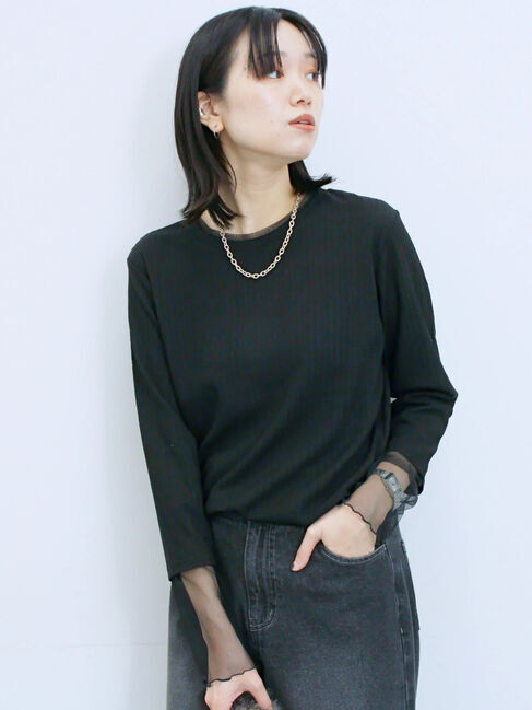 Samansa Mos2 blue「膨れジャガード袖チュールプルオーバー」|Tシャツ・カットソー|