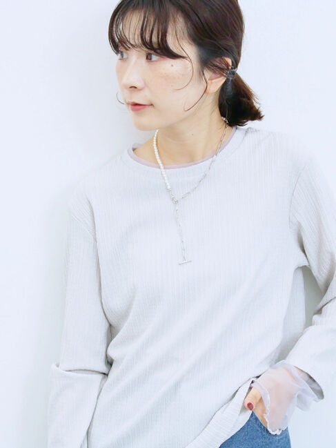 Samansa Mos2 blue「膨れジャガード袖チュールプルオーバー」|Tシャツ・カットソー|