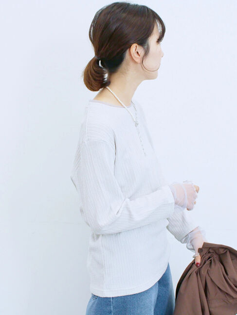 Samansa Mos2 blue「膨れジャガード袖チュールプルオーバー」|Tシャツ・カットソー|