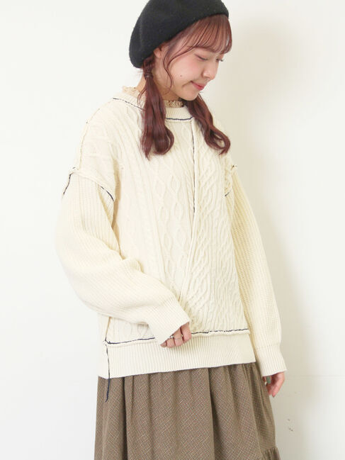 Samansa Mos2「ケーブルパッチワークステッチプルオーバー」|ニット・セーター|