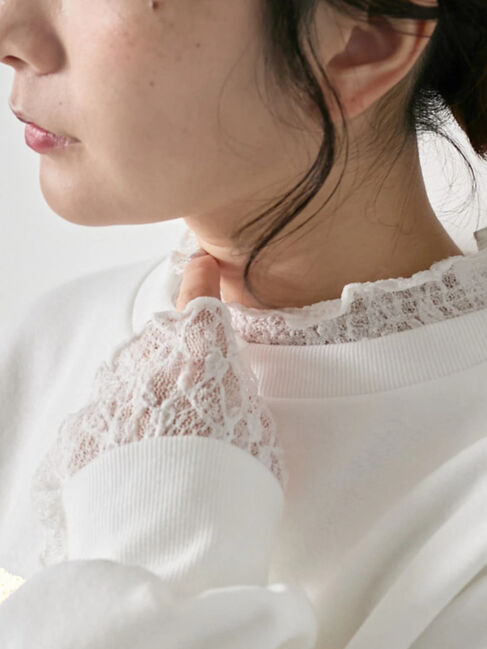 Samansa Mos2 blue「衿袖チュールハイネックプルオーバー」|Tシャツ・カットソー|