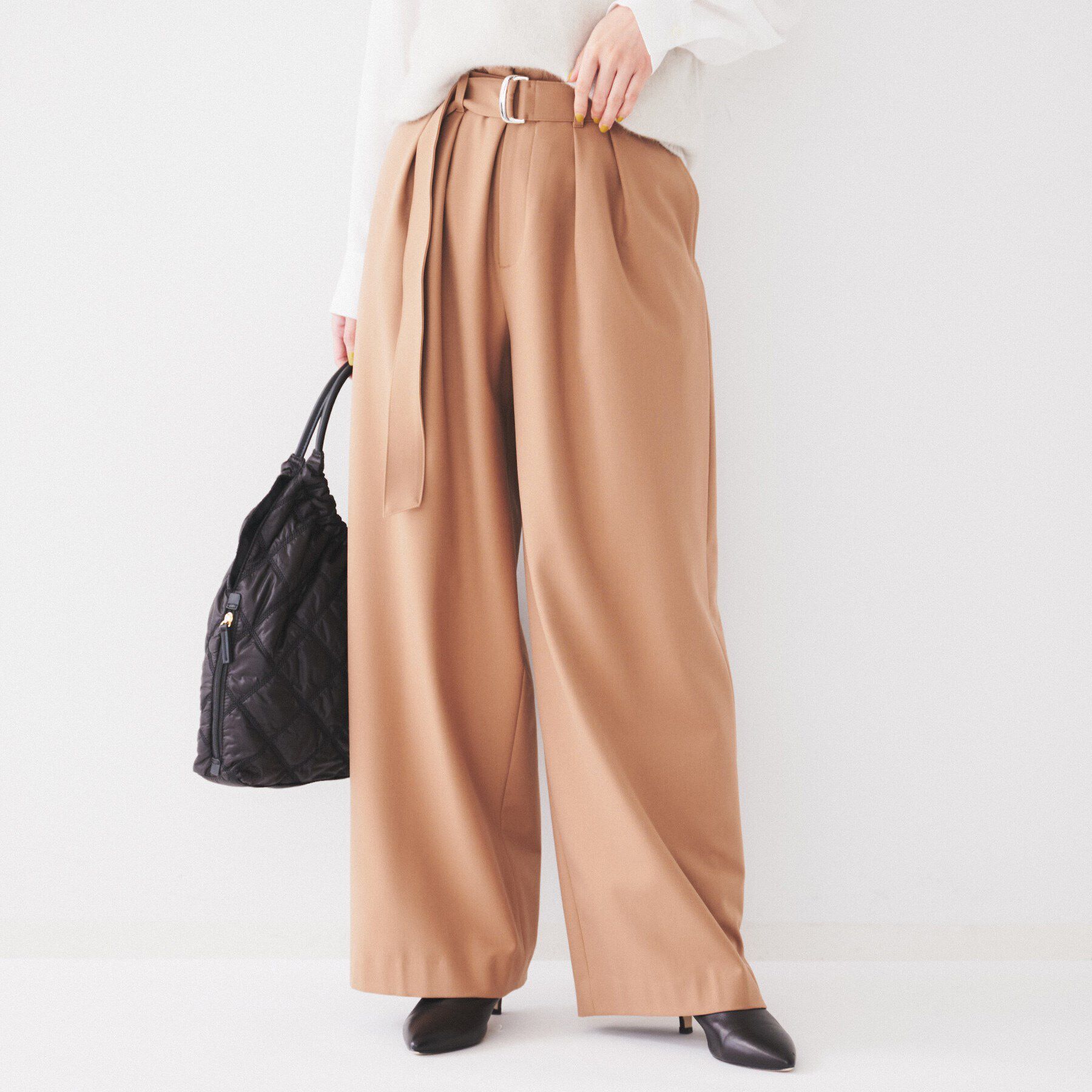 UNTITLED「【フルレングス/後ろウエストゴム】ダブルタック ハイウエストワイドパンツ」|その他|キャメルブラウン(0