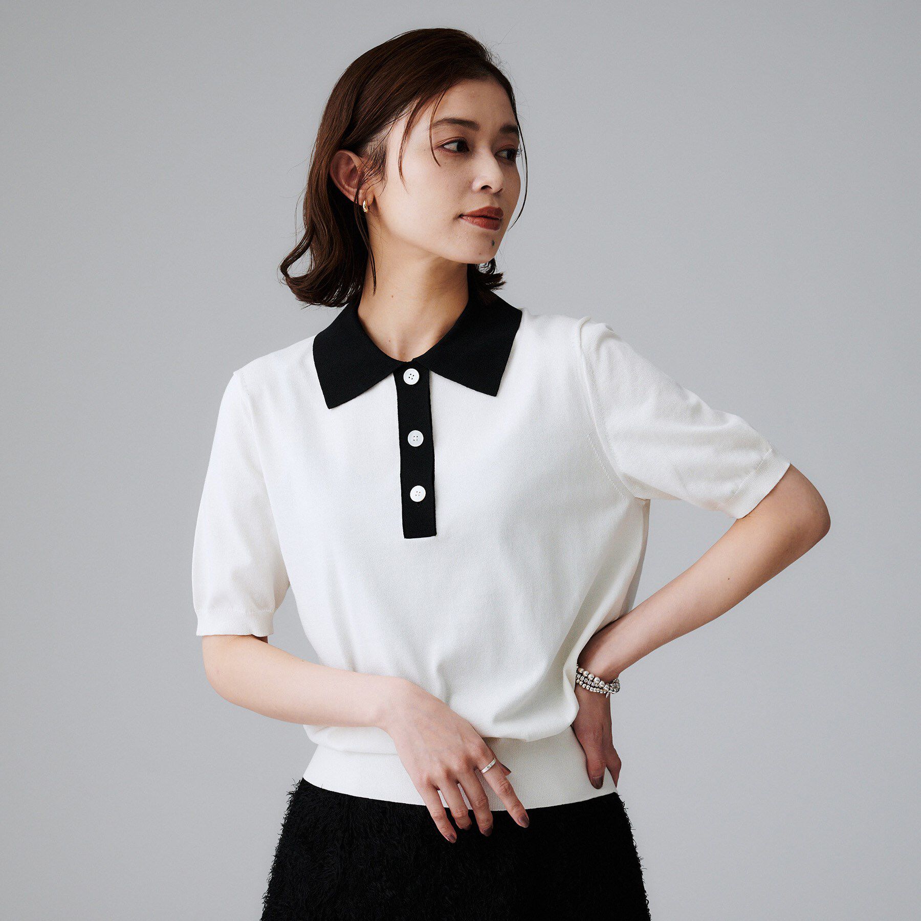 UNTITLED「【トレンド/きれいめ】5分袖ポロニット」|ニット・セーター|アイボリー(504)