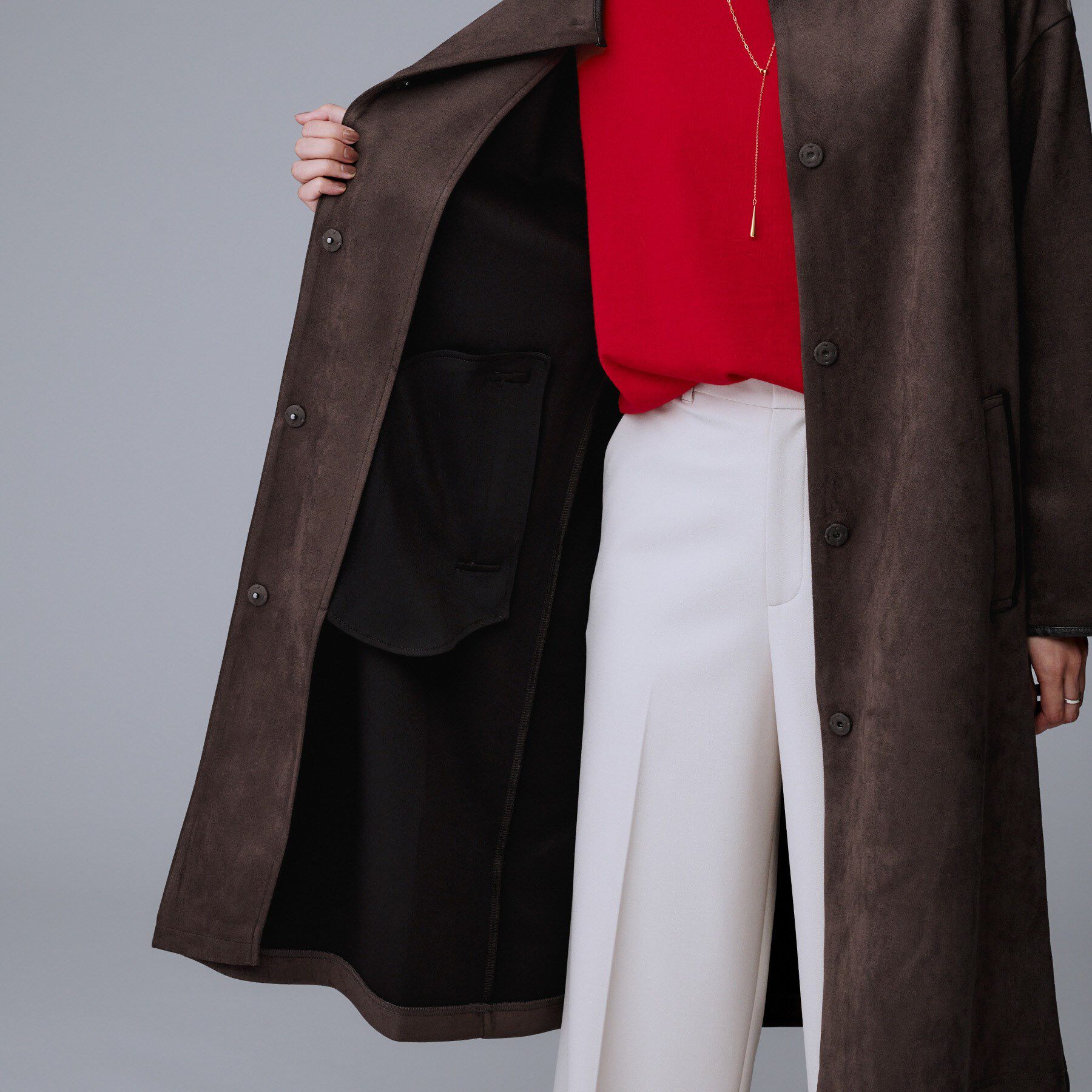 UNTITLED「【洗える/軽羽織り】マシュマロタッチ　スエード調コート」|ノーカラーコート|