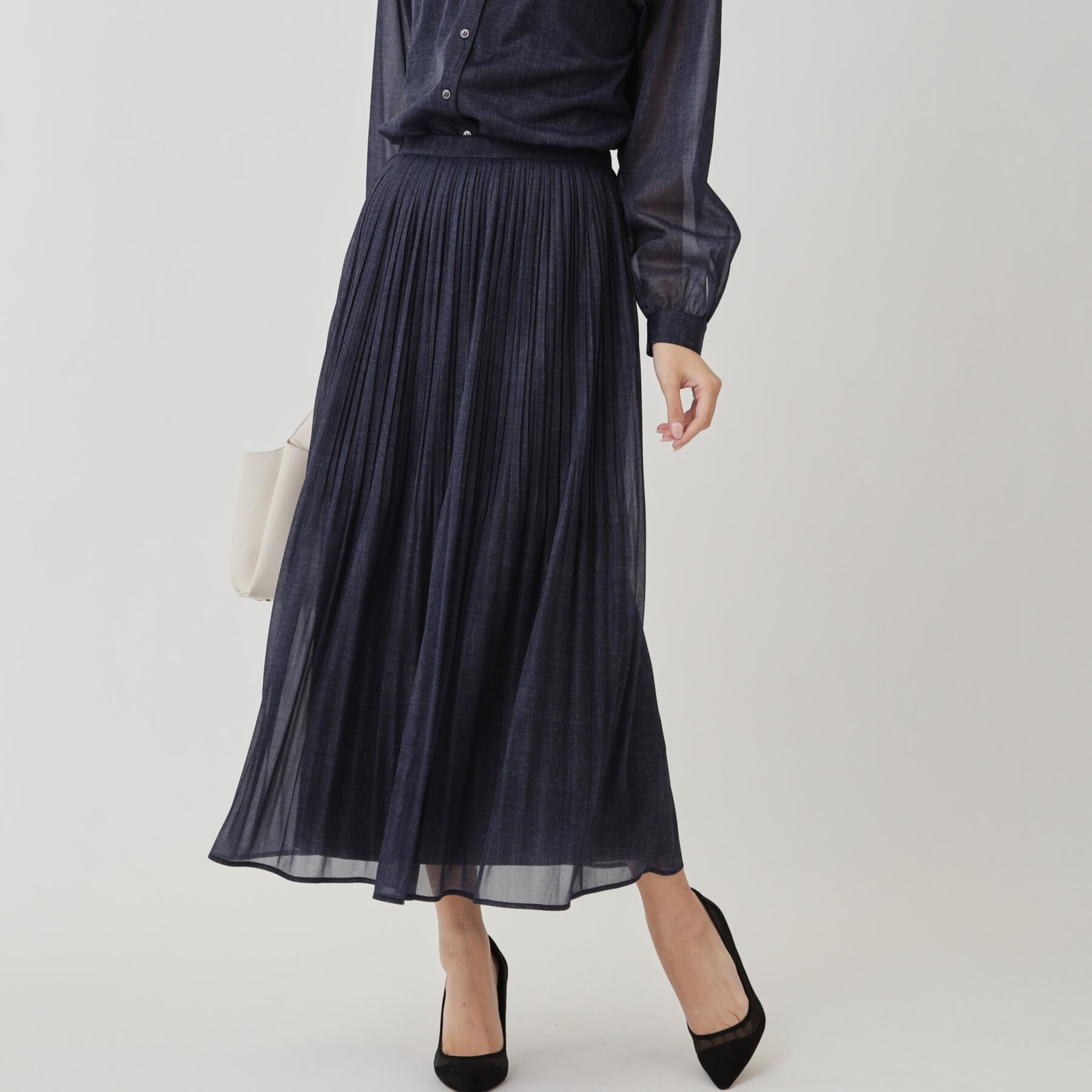 COUP DE CHANCE「【手洗い可／ウエストゴム】デニム柄プリントのプリーツスカート」|スカート|