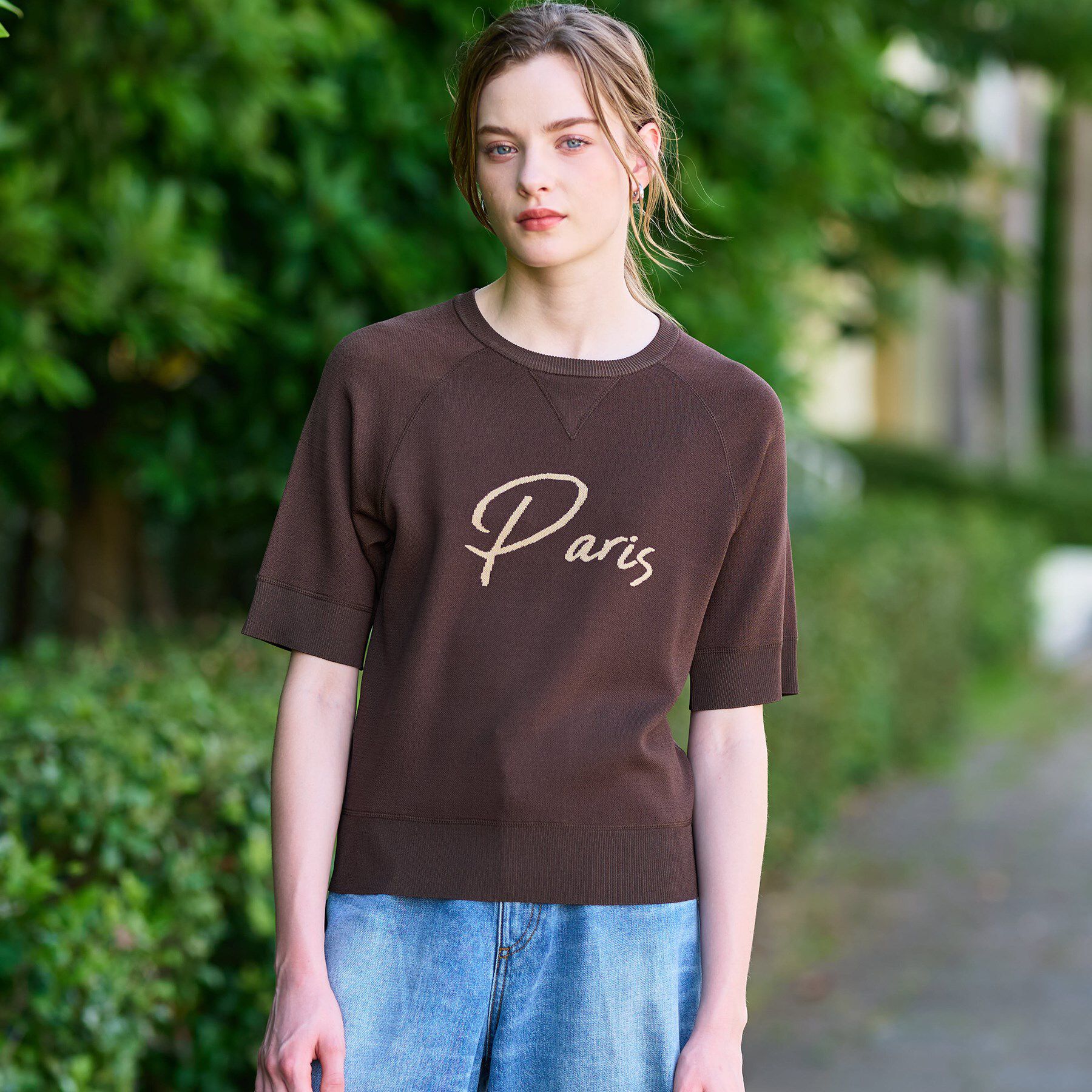 DRESSTERIOR「【洗える/オリジナルロゴ】Parisハーフスリーブジャカードニット」|ニット・セーター|モカブラウン(442