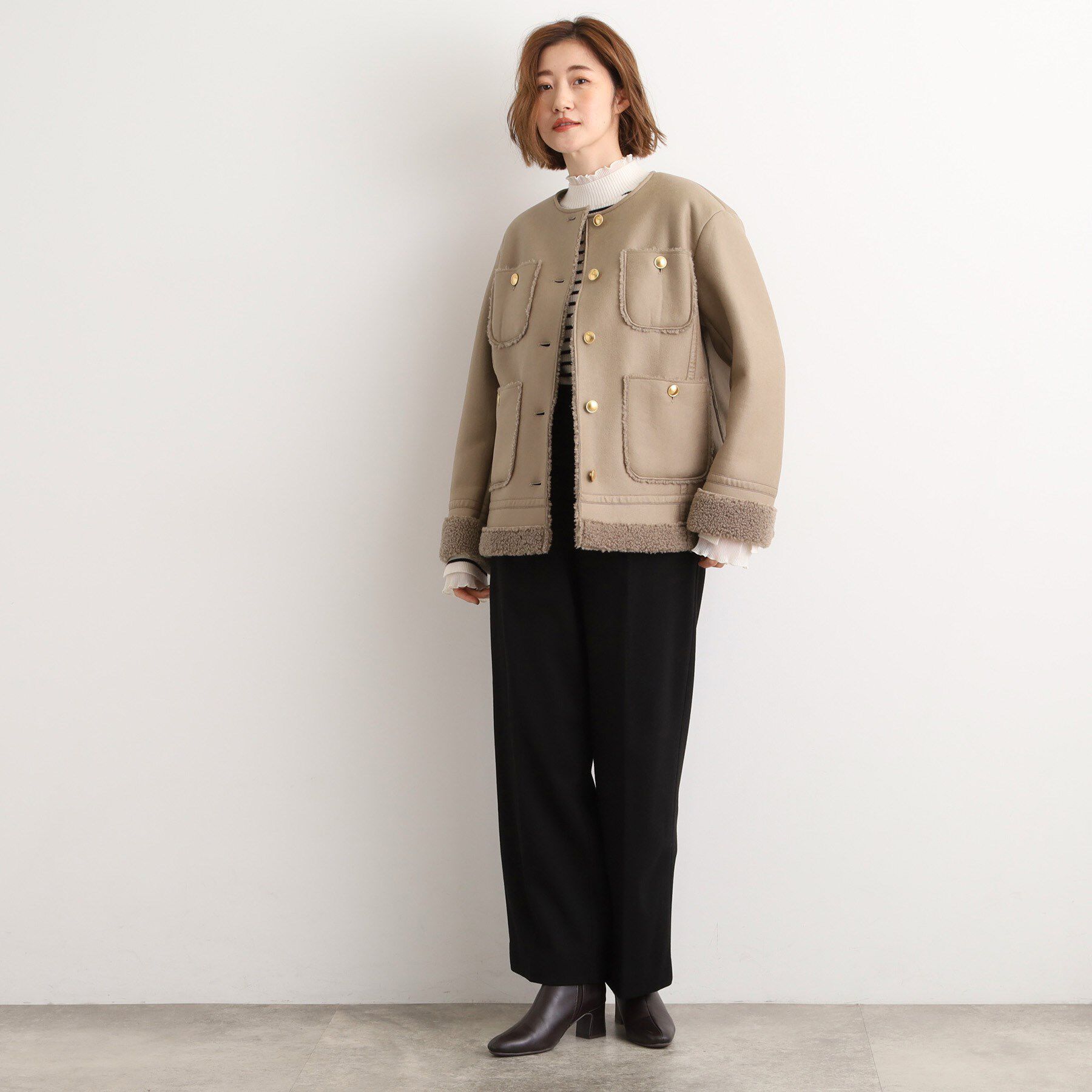 grove「フェイクムートンボアジャケット」|ノーカラーコート|