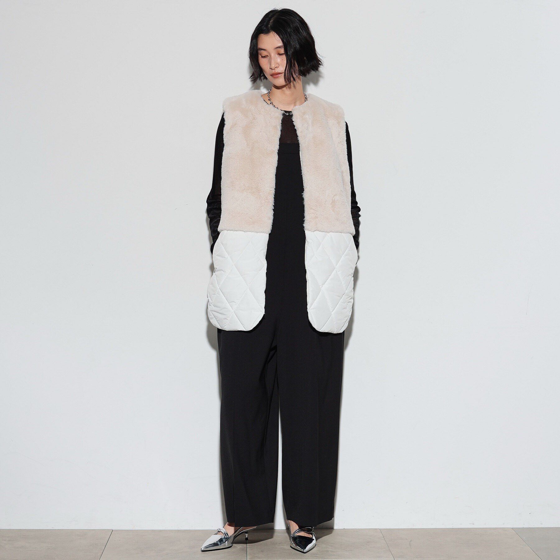 GALLEST「キルティングフェイクファードッキングジレ」|ダウン|