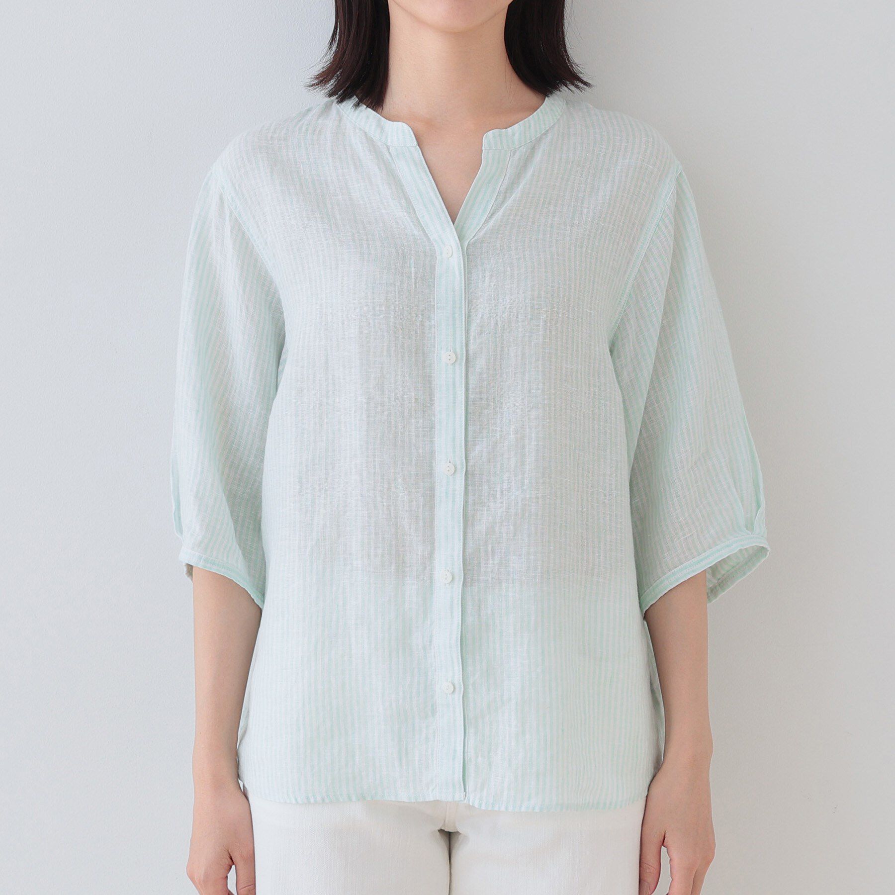 INDIVI「【毎年人気！／フレンチリネン】5分袖バンドカラーブラウス」|シャツ・ブラウス|