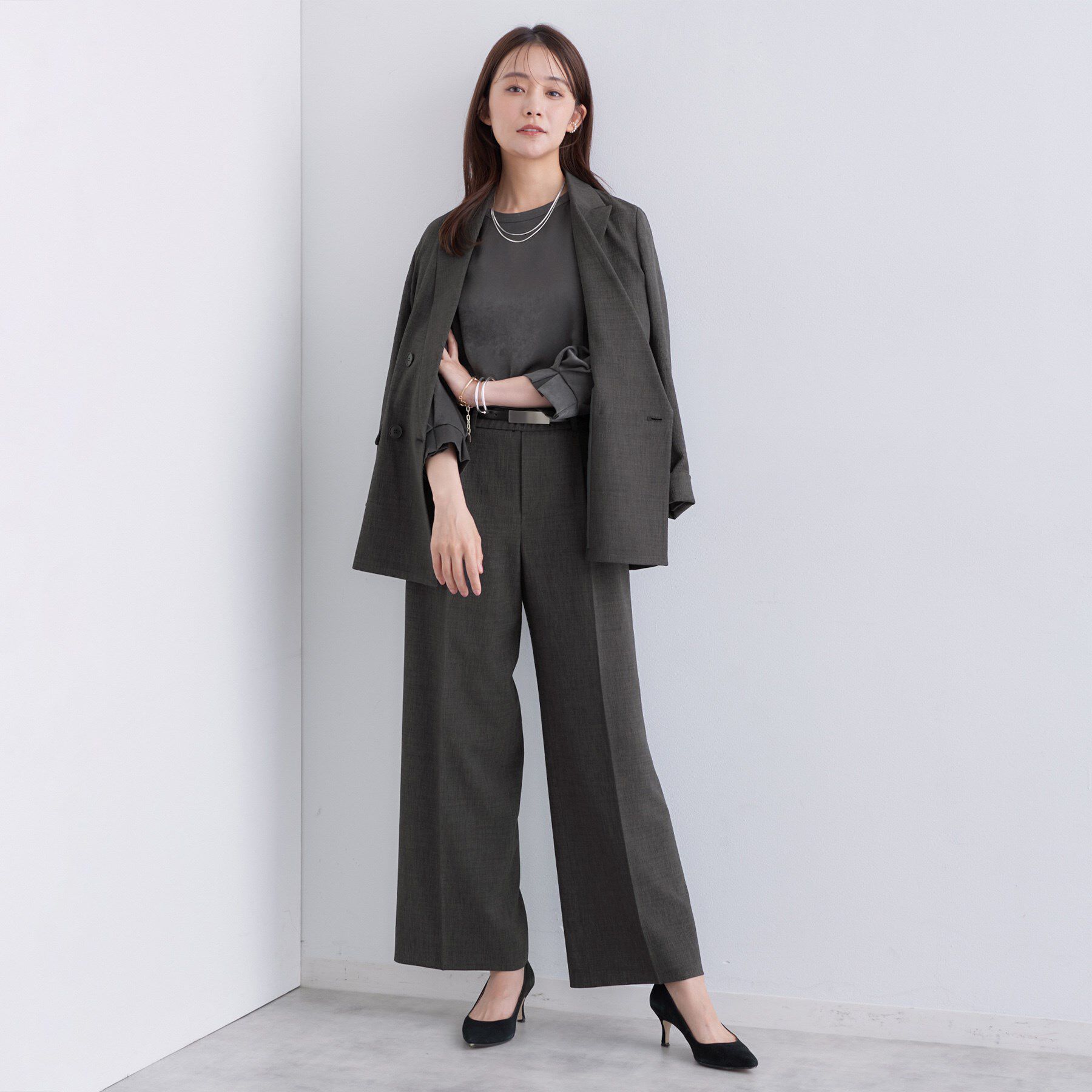 INDIVI「【洗える／セットアップ可能】凹凸ストレッチ素材ダブルジャケット」|テーラードジャケット|