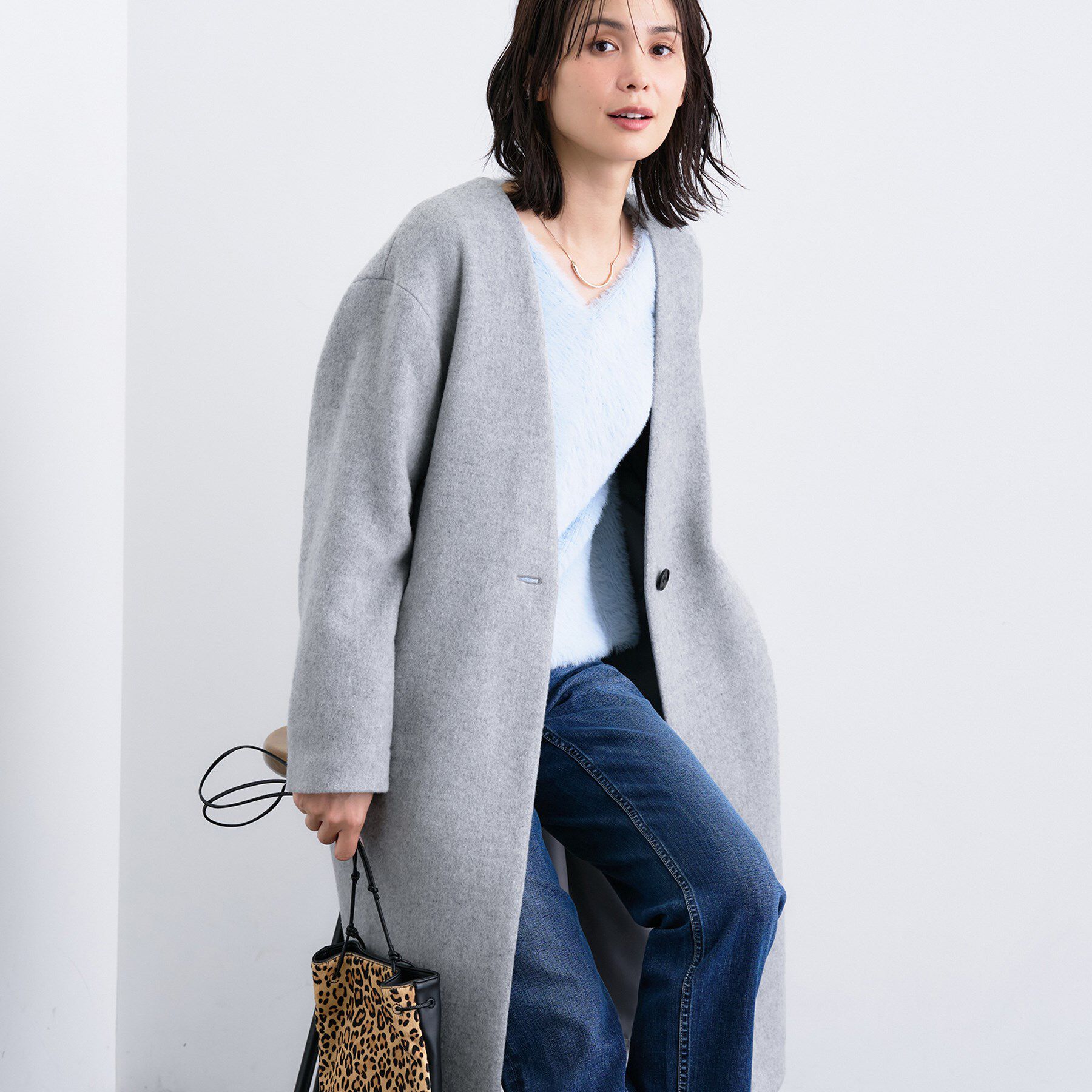 INDIVI「【軽量／ウール混】ライトフォルム ロングコート」|ノーカラーコート|