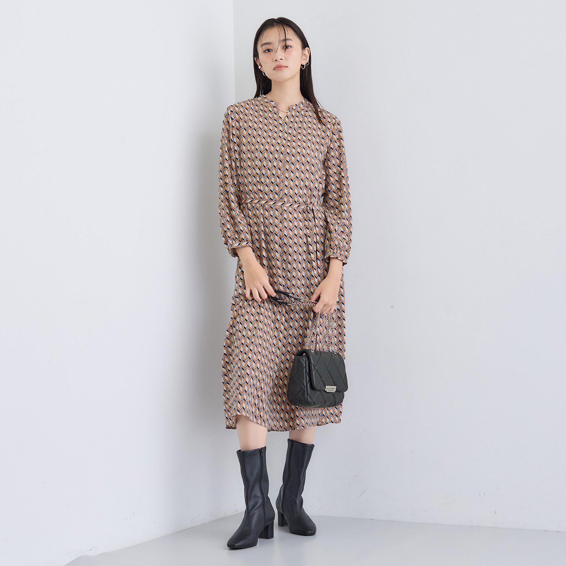 INDIVI「【洗える／オリジナル柄】ジオメプリント フレアワンピース」|ワンピース|