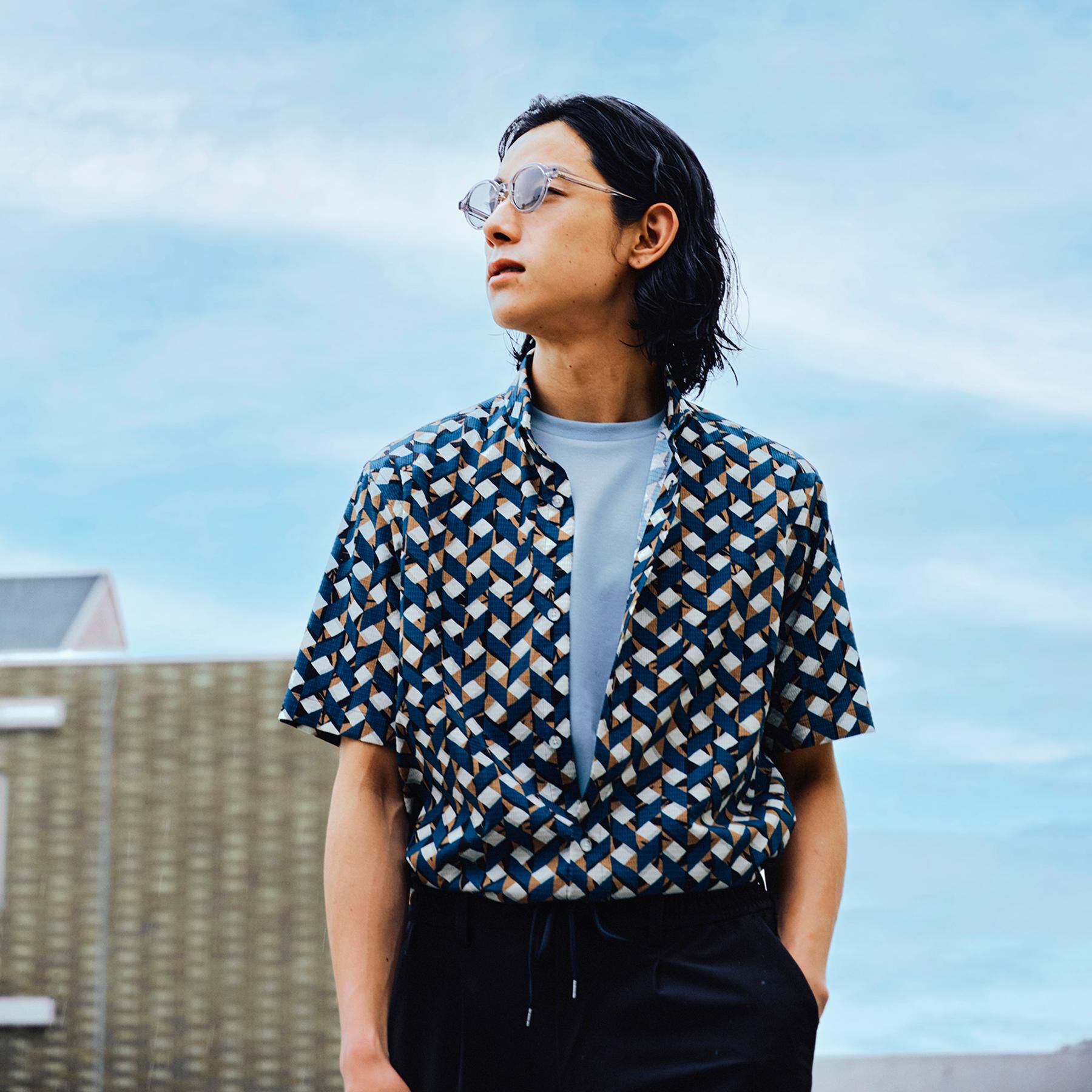 TAKEO KIKUCHI「【COOL CITY WEAR】籠目アート柄 サッカーシャツ /通気性」|シャツ・ブラウス|グリーン(124)