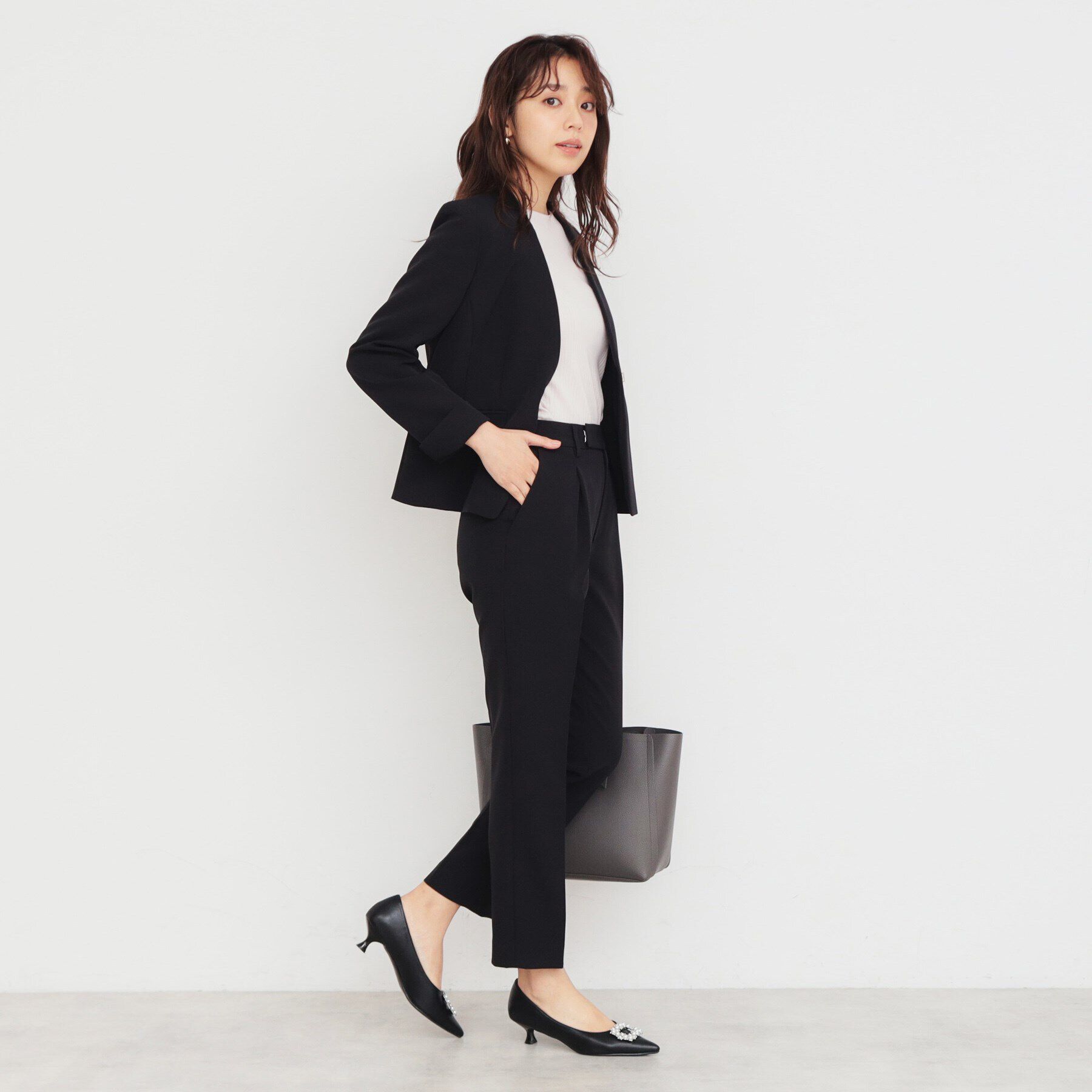 index「ダブルクロスノーカラージャケット/セットアップ対応【洗濯機洗い可/ストレッチ/防シワ/イージーアイロ」|ノーカラージャケット|